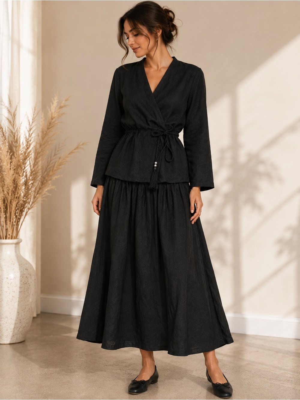 Black Long-Sleeve Wrap Maxi Dress with Tie Waist